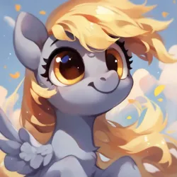 Size: 923x923 | Tagged: safe, ai content, derpibooru import, machine learning assisted, machine learning generated, stable diffusion, derpy hooves, pegasus, pony, beautiful, big eyes, cute, fluffy, funny face, g4, generator:purplesmart.ai, image, leaf, long hair, long mane, looking at you, png, prompter:saltyvity, sky, smiley face, smiling, smiling at you, solo, yellow eyes, yellow mane