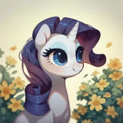 Size: 922x922 | Tagged: safe, ai content, derpibooru import, machine learning assisted, machine learning generated, stable diffusion, rarity, pony, unicorn, big eyes, blue eyes, blushing, cute, eyeshadow, flower, g4, generator:purplesmart.ai, image, leaf, makeup, png, prompter:saltyvity, purple hair, simple background, smiley face, smiling, solo