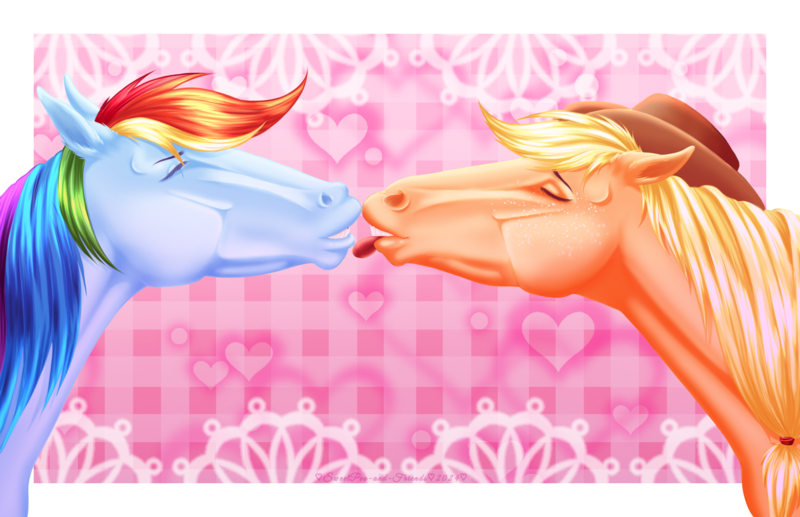 Size: 3036x1961 | Tagged: safe, artist:sweetpea-and-friends, derpibooru import, applejack, rainbow dash, earth pony, horse, pegasus, pony, appledash, eyes closed, female, french kiss, g4, image, kiss on the lips, kissing, lesbian, mare, png, shipping, tongue out