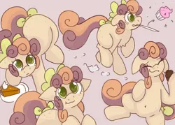 Size: 2800x2000 | Tagged: safe, artist:puppie, derpibooru import, oc, oc:buttermuffin, unofficial characters only, earth pony, pony, belly button, bow, chubby, clumsy, earth pony oc, eating, eye clipping through hair, eyebrows, eyebrows visible through hair, food, hair bow, image, mouth hold, muffin, pie, png, simple background, solo, tail, tail bow