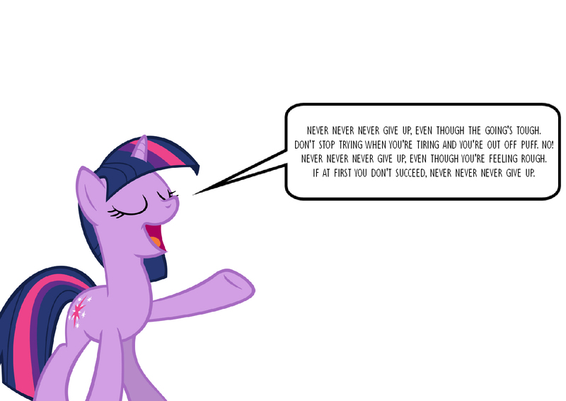 Size: 1588x1123 | Tagged: safe, derpibooru import, twilight sparkle, unicorn, g4, image, jpeg, motivational, positive ponies, simple background, singing, song reference, speech bubble, thomas and friends, unicorn twilight, white background