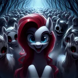 Size: 1024x1024 | Tagged: safe, ai content, artist:ariel_fair, derpibooru import, machine learning generated, ghost, pony, undead, blue eyes, female, forest, forest background, generated:dall-e 3, image, jpeg, mare, night, red hair, smiling, tree