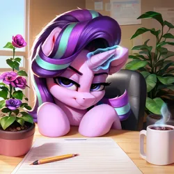 Size: 2048x2048 | Tagged: safe, ai content, derpibooru import, machine learning generated, stable diffusion, starlight glimmer, pony, unicorn, chair, chest fluff, chocolate, desk, devious, devious smile, drink, ear fluff, empathy cocoa, female, flower, flower pot, food, g4, generator:pony diffusion v6 xl, glow, glowing horn, high res, hooves on the table, horn, hot chocolate, image, indoors, lidded eyes, looking at you, magic, magic aura, mare, mug, office chair, paper, pencil, plant, png, potted plant, prompter:tyto4tme4l, smiling, smiling at you, solo, window