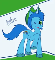 Size: 918x1006 | Tagged: safe, artist:ismazhecat, derpibooru import, oc, oc:pumbisteps, pony, unicorn, g5, hat, image, looking at you, one eye closed, png, raised hoof, simple background, wink, winking at you