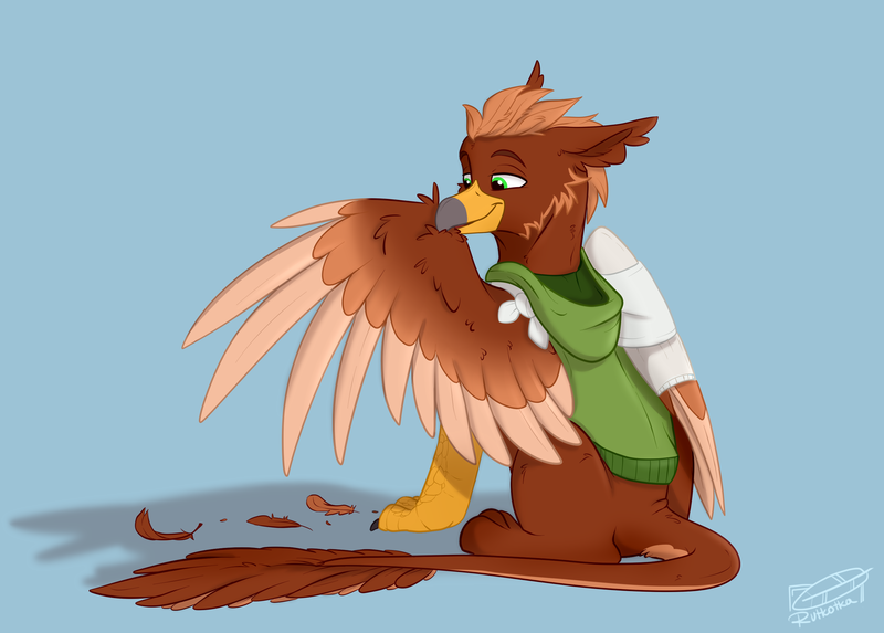 Size: 2642x1891 | Tagged: safe, artist:rutkotka, derpibooru import, oc, oc:pavlos, unofficial characters only, gryphon, blue background, broken bone, broken wing, cast, chest fluff, colored wings, eared griffon, eyes closed, feather, griffon oc, grooming, happy, image, injured, one wing out, png, preening, relaxed, simple background, sling, smiling, wing fluff, wings