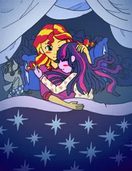Size: 2550x3300 | Tagged: safe, artist:joshjenkins6, artist:t3chno 0taku, derpibooru import, smarty pants, sunset shimmer, twilight sparkle, equestria girls, bed, blushing, collaboration, cuddling, cuddling in bed, cute, duo, eyes closed, female, g4, high res, hug, image, jpeg, lesbian, on bed, one eye closed, pillow, plushie, shimmerbetes, shipping, sleeping, sleeping together, smiling, snuggling, sunsetsparkle, twiabetes, wholesome
