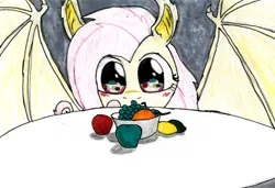 Size: 2964x2024 | Tagged: safe, artist:joshjenkins6, derpibooru import, fluttershy, bat pony, bat ponified, dilated pupils, eye reflection, eyes on the prize, flutterbat, fruit, fruit bowl, high res, image, jpeg, race swap, reflection, solo, traditional art