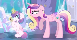 Size: 3144x1633 | Tagged: safe, artist:princess--gracie, derpibooru import, princess cadance, princess flurry heart, alicorn, pony, base used, cadance is not amused, crystal castle, female, filly, foal, g4, image, makeup, mare, mother and child, mother and daughter, older, older flurry heart, png, raised hoof, unamused