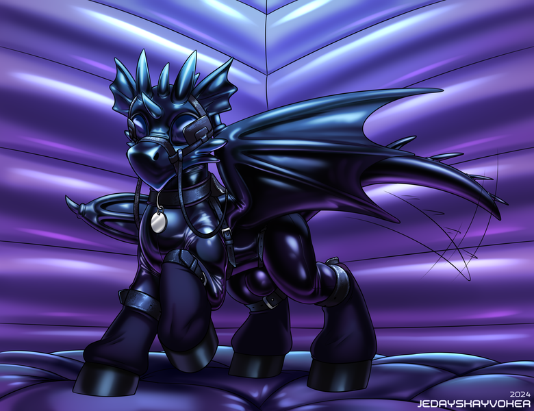 Size: 2600x2000 | Tagged: questionable, artist:jedayskayvoker, derpibooru import, oc, oc:pure gold, dragon, gryphon, blushing, bridle, chest fluff, collar, covering, crotch bulge, folded wings, griffon oc, harness, hoof boots, image, latex, latex mask, latex suit, liquid latex, padded cell, pet tag, png, pony play, rubber, rubber suit, shiny, solo, spreading, tack, transformation, wings