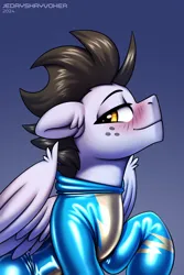 Size: 2000x3000 | Tagged: safe, artist:jedayskayvoker, derpibooru import, oc, oc:wing, pegasus, pony, bedroom eyes, blushing, bust, clothes, cute, folded wings, freckles, gradient background, icon, image, latex, latex suit, looking back, male, patreon, patreon reward, pegasus oc, png, portrait, shiny, smiling, solo, stallion, uniform, wings, wonderbolts, wonderbolts uniform