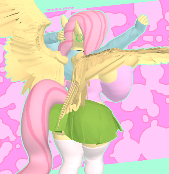 Size: 2100x2160 | Tagged: questionable, artist:ik_related, derpibooru import, fluttershy, anthro, pegasus, 3d, big breasts, bolero jacket, breasts, butt, choker, clothes, ear piercing, earring, female, fit, g4, huge breasts, huge butt, huge nipples, image, impossibly large breasts, jacket, jewelry, large butt, looking at you, multicolored hair, multiple variants, piercing, pink hair, pink tail, png, rear view, sideboob, skirt, slender, socks, solo, solo female, spread wings, stretching, tail, thin, wide hips, wings, yellow body