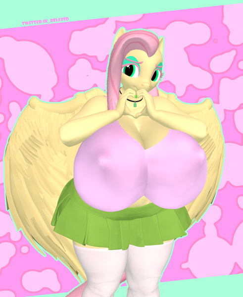 Size: 1767x2160 | Tagged: questionable, artist:ik_related, derpibooru import, fluttershy, anthro, pegasus, 3d, big breasts, breasts, butt, choker, cleavage, clothes, eyeshadow, female, fit, g4, gem, huge breasts, huge butt, huge nipples, image, impossibly large breasts, jewelry, large butt, looking at you, makeup, multicolored hair, multiple variants, pink hair, png, skirt, slender, socks, solo, solo female, thin, wide hips, wings, yellow body