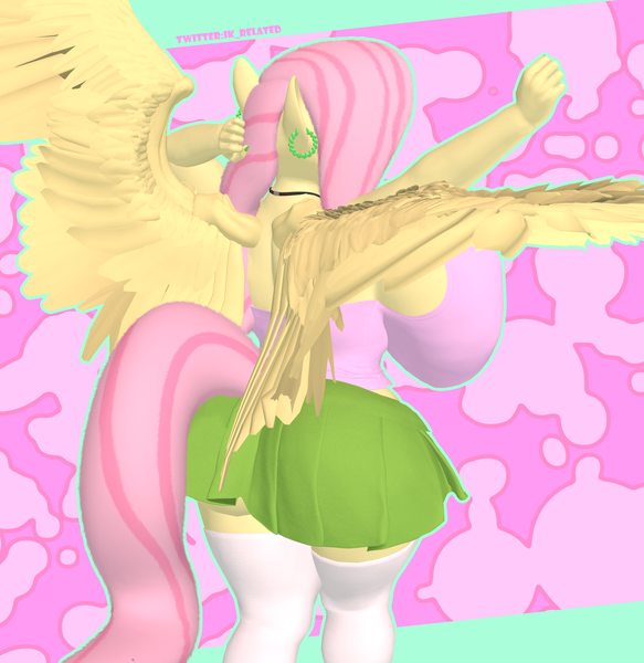 Size: 2100x2160 | Tagged: questionable, artist:ik_related, derpibooru import, fluttershy, anthro, pegasus, 3d, big breasts, breasts, butt, choker, clothes, ear piercing, earring, female, fit, g4, huge breasts, huge butt, huge nipples, image, impossibly large breasts, jewelry, large butt, looking at you, multicolored hair, multiple variants, piercing, pink hair, pink tail, png, rear view, sideboob, skirt, slender, socks, solo, solo female, spread wings, stretching, tail, thin, wide hips, wings, yellow body