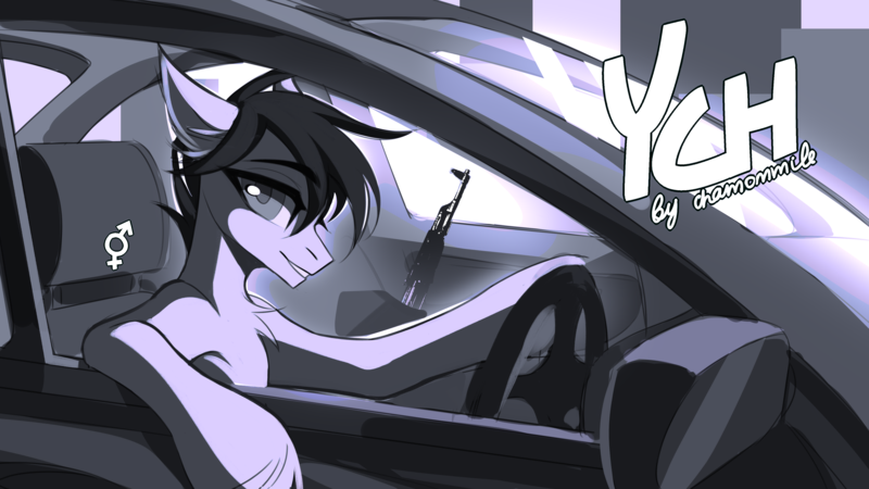Size: 4000x2248 | Tagged: safe, artist:chamommile, derpibooru import, oc, unofficial characters only, changeling, pony, any gender, any race, any species, car, changeling oc, city, cityscape, commission, halfbody, image, png, sitting, sitting in car, smiling, solo, weapon, your character here