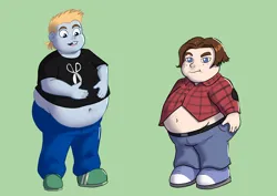 Size: 2283x1614 | Tagged: safe, artist:stonemask, derpibooru import, snips, human, equestria girls, belly, belly button, big belly, bling-bling boy, commission, crossover, duo, duo male, fat, green background, image, johnny test, male, png, simple background