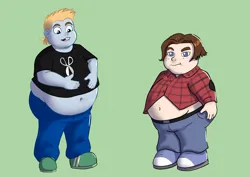 Size: 2283x1614 | Tagged: safe, artist:stonemask, derpibooru import, snips, human, equestria girls, belly, belly button, big belly, bling-bling boy, commission, crossover, duo, duo male, fat, green background, image, johnny test, lee tockar, male, png, simple background, voice actor joke