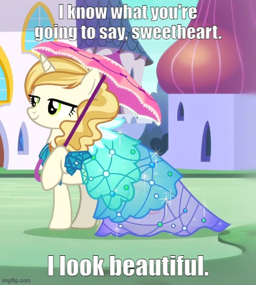 Size: 500x556 | Tagged: safe, derpibooru import, edit, edited screencap, screencap, sweet biscuit, canterlot boutique, beautiful, caption, clothes, dress, image, image macro, imgflip, jpeg, lidded eyes, princess dress, solo, talking to viewer, text, umbrella