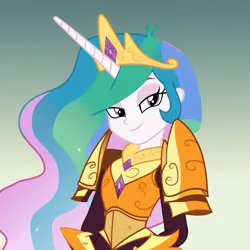 Size: 1024x1024 | Tagged: safe, ai content, derpibooru import, machine learning generated, stable diffusion, princess celestia, human, equestria girls, alternate universe, armor, bust, crown, ethereal mane, female, flowing mane, g4, generator:pony diffusion v6 xl, gradient background, horn, image, jewelry, lidded eyes, looking at you, png, portrait, regalia, smiling, smirk, solo