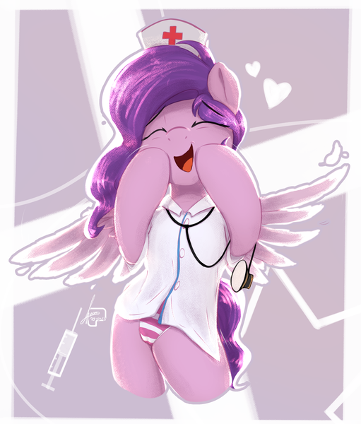 Size: 2300x2700 | Tagged: suggestive, artist:potato22, derpibooru import, pipp petals, pegasus, pony, semi-anthro, g5, adorapipp, cameltoe, clothes, cute, eyes closed, female, hat, heart, high res, hoof on cheek, image, mare, nurse hat, nurse outfit, panties, png, solo, solo female, spread wings, stethoscope, striped underwear, syringe, underwear, wings