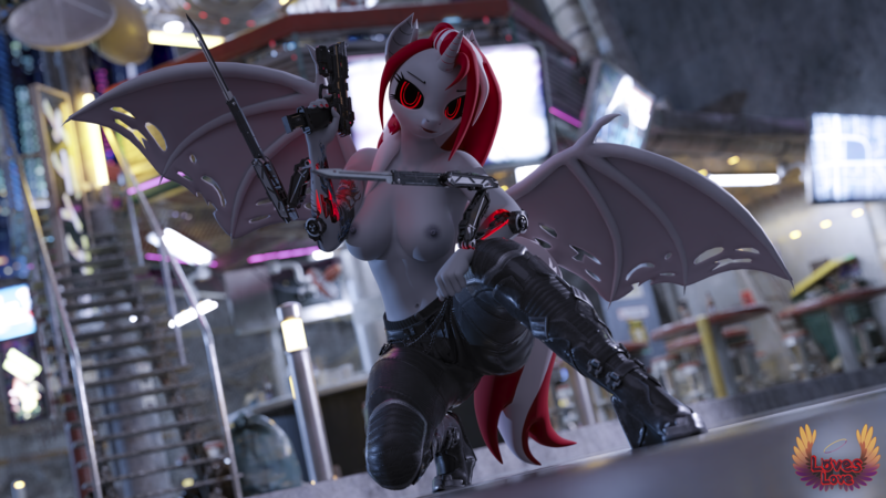 Size: 3840x2160 | Tagged: questionable, artist:loveslove, derpibooru import, oc, oc:lovers, unofficial characters only, anthro, bat pony, bat pony unicorn, hybrid, unicorn, 3d, augmented, bat ears, bat wings, belly button, blade, blurry background, breasts, cyberpunk, cyberpunk 2077, female, gun, handgun, high res, horn, image, looking at you, nail polish, nipples, nudity, pistol, png, solo, solo female, spread wings, stairs, tattoo, weapon, wings