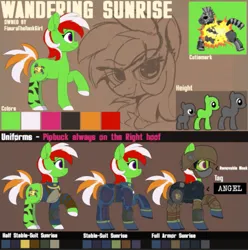 Size: 747x752 | Tagged: safe, derpibooru import, oc, oc:wandering sunrise, earth pony, pony, fallout equestria, fallout equestria: dead tree, armor, color palette, commissioner:fiaura the tank girl, cutie mark, earth pony oc, female, goggles, helmet, image, mare, png, reference sheet, size chart, size comparison, stripes