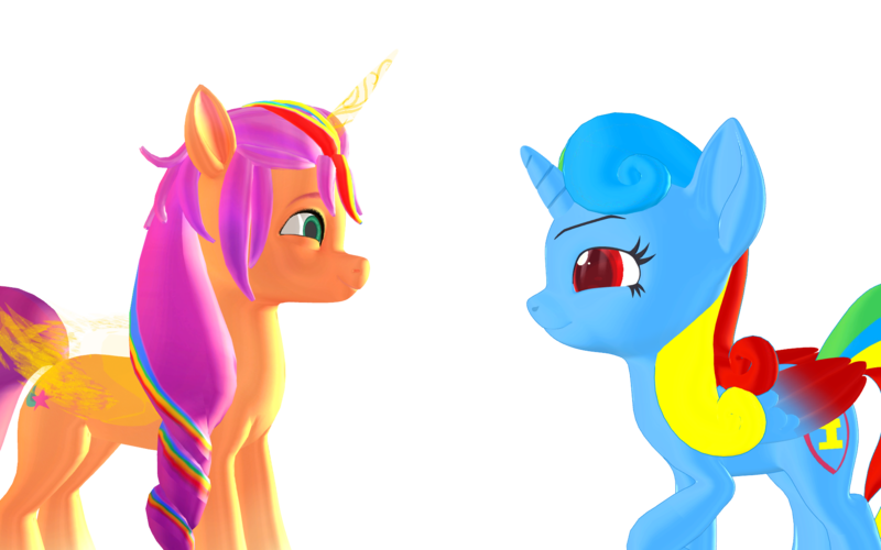 Size: 1920x1200 | Tagged: safe, artist:puzzlshield2, derpibooru import, sunny starscout, oc, oc:puzzle shield, alicorn, earth pony, g5, my little pony: a new generation, my little pony: make your mark, 3d, g4, generation leap, image, mmd, multiverse, png, render, simple background, story included, transparent background