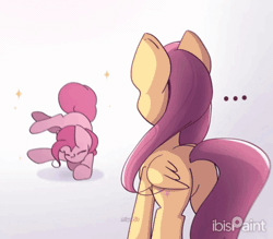 Size: 2000x1750 | Tagged: safe, artist:miryelis, derpibooru import, fluttershy, pinkie pie, earth pony, pegasus, pony, ..., animated, breakdancing, butt, cute, dancing, diapinkes, female, flutterbutt, gif, image, long hair, mare, meme, plot, signature, simple background, standing, white background