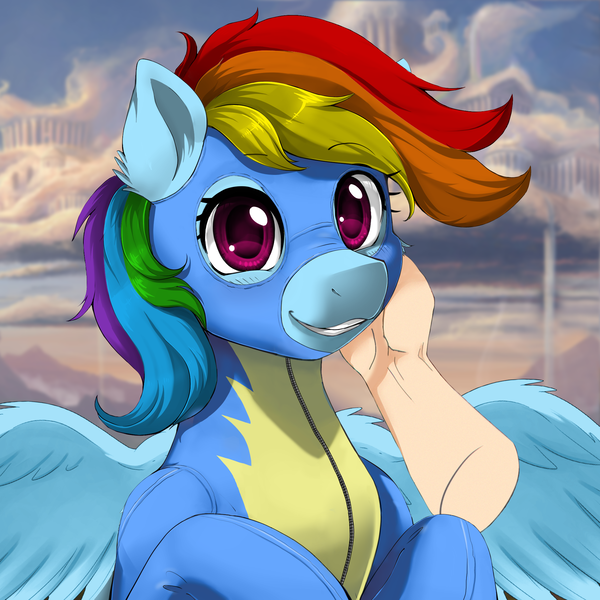 Size: 2000x2000 | Tagged: safe, artist:evomanaphy, edit, editor:maonyman, editor:v3ga, unauthorized edit, rainbow dash, pegasus, pony, clothes, cloud, disembodied hand, female, hand, hand on cheek, image, looking at you, mare, png, smiling, spread wings, uniform, wings, wonderbolts uniform