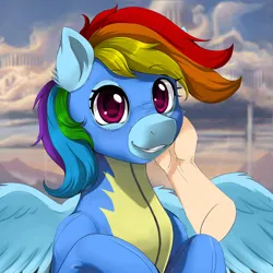 Size: 2000x2000 | Tagged: safe, artist:evomanaphy, edit, editor:maonyman, editor:v3ga, unauthorized edit, rainbow dash, pegasus, pony, clothes, cloud, disembodied hand, female, hand, hand on cheek, image, looking at you, mare, png, smiling, spread wings, uniform, wings, wonderbolts uniform