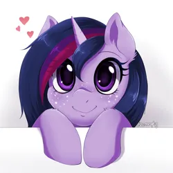 Size: 2000x2000 | Tagged: safe, artist:evomanaphy, edit, editor:maonyman, unauthorized edit, twilight sparkle, pony, unicorn, alternate hairstyle, ear fluff, female, freckles, heart, image, mare, png, smiling, solo