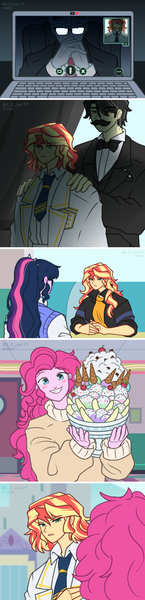 Size: 1280x5281 | Tagged: safe, artist:lzjian79, derpibooru import, discord, pinkie pie, sci-twi, sunset shimmer, twilight sparkle, oc, oc:butler yellow, human, comic:the setting of two suns, equestria girls, banana split, butler, canterlot city, city, clothes, coat, computer, curtains, duo, empty eyes, everton, female, food, g4, glasses, human discord, human sunset, ice cream, image, laptop computer, looking at you, male, necktie, png, sad, serious, serious face, smiling, smiling at you, sprinkles, sundae, sunlit shimmer, sweet snacks cafe, video call, webcam, whipped cream
