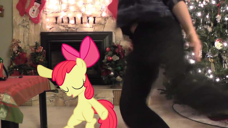 Size: 1280x720 | Tagged: safe, anonymous artist, anonymous editor, derpibooru import, edit, edited screencap, screencap, apple bloom, human, pony, belly, clothes, dancing, female, filly, foal, g4, image, irl, irl human, michelle creber, photo, png, shirt, shirt lift, stomach