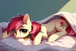 Size: 1200x800 | Tagged: safe, ai content, derpibooru import, machine learning generated, prompter:doom9454, stable diffusion, roseluck, pony, bed, collar, cute, fluffy, generator:pony diffusion v6 xl, image, looking at you, lying down, pet tag, png, pony pet, rosepet