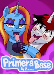 Size: 1471x2000 | Tagged: suggestive, artist:zendora, sassy saddles, oc, oc:nova abaddon "apollyon", pony, unicorn, comic:primera base, abstract background, after kiss, ahegao, bedroom eyes, blushing, bust, clothes, derp, female, heart eyes, horn, hug, image, looking at you, male, mare, open mouth, png, spanish, stallion, straight, text, tongue out, unicorn oc, wingding eyes