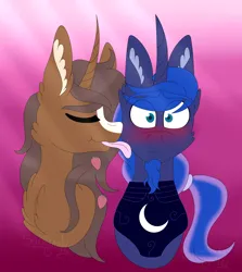 Size: 4696x5260 | Tagged: safe, derpibooru import, princess luna, oc, oc:strawberry cocoa (the coco clan), alicorn, monster pony, pony, unicorn, absurd resolution, blaze (coat marking), blue eyes, blue mane, blushing, brown coat, brown mane, bust, canon x oc, chest fluff, coat markings, commission, commissioner:rautamiekka, duo, duo male, ear fluff, ears up, ethereal mane, eyes closed, eyes open, facial hair, facial markings, female to male, food, front view, gay, goatee, gradient background, hairband, horn, image, licking, long mane, long mane male, looking forward, male, male oc, mane, no eyelashes, png, pony oc, pony on pony action, ponytail, prince artemis, rule 63, shipping, shocked, shocked expression, stallion, stallion oc, stallion on stallion, strawberry, tongue out, two toned mane, unicorn oc, white sclera