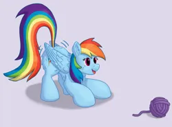 Size: 2160x1600 | Tagged: safe, artist:callichrome, derpibooru import, rainbow dash, pegasus, pony, behaving like a cat, big hooves, butt shake, cute, dashabetes, folded wings, image, png, pounce, smiling, wholesome, wings, yarn, yarn ball