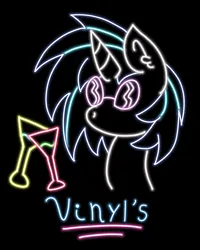 Size: 1600x2000 | Tagged: safe, artist:bubblegooey, derpibooru import, neon lights, rising star, vinyl scratch, pony, unicorn, alcohol, background pony, black background, blue mane, bust, cup, drink, ear fluff, female, g4, glasses, image, lineart, mare, minimalist, modern art, neon, neon sign, no mouth, png, portrait, sign, simple background, solo, sunglasses, text, white coat