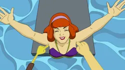Size: 1280x721 | Tagged: safe, derpibooru import, edit, edited screencap, screencap, discord, draconequus, armpit tickling, armpits, arms in the air, daphne blake, image, png, scooby-doo, scooby-doo!, tickling
