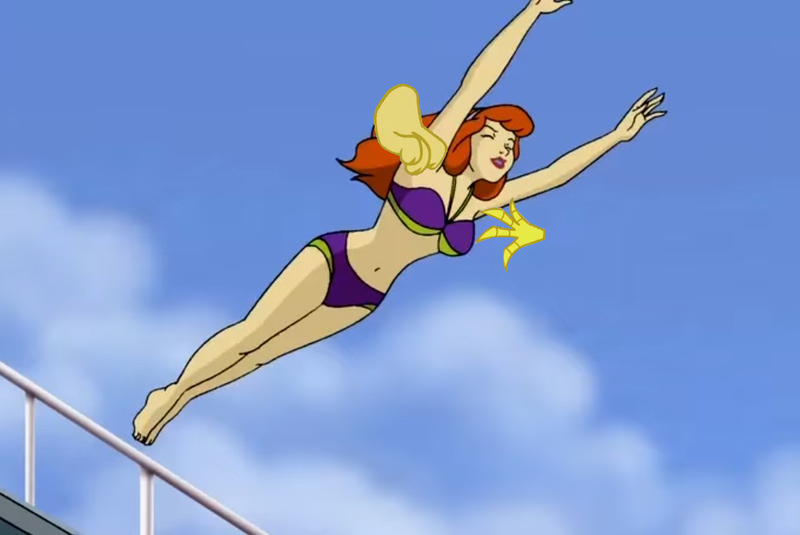 Size: 1021x683 | Tagged: safe, derpibooru import, edit, edited screencap, screencap, discord, draconequus, armpit tickling, armpits, arms in the air, daphne blake, image, png, scooby-doo, scooby-doo!, tickling