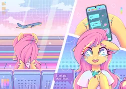 Size: 1280x905 | Tagged: safe, artist:musicfirewind, derpibooru import, fluttershy, pegasus, pony, airport, clothes, crying, female, g4, image, implied flutterdash, implied lesbian, implied rainbow dash, implied shipping, jpeg, mare, phone, plane, sitting, smiling, solo, texting, vaporwave, wingding eyes