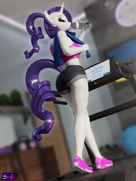 Size: 2160x2880 | Tagged: safe, artist:shadowboltsfm, derpibooru import, rarity, anthro, plantigrade anthro, 3d, blender, breasts, clothes, eyes closed, female, high res, image, makeup, nail polish, not sfm, png, ponytail, shorts, solo, sweat, treadmill, water bottle, workout