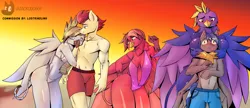 Size: 6694x2894 | Tagged: suggestive, artist:jackudoggy, derpibooru import, oc, oc:front line, oc:georgina, oc:gina, oc:grace, oc:rain remedy, unofficial characters only, anthro, earth pony, gryphon, pegasus, pony, fanfic, abs, beach, big breasts, bikini, breasts, cleavage, clothes, commission, fanfic art, female, griffon oc, image, muscles, muscular female, one-piece swimsuit, png, sunset, swimsuit, two-piece swimsuit, water