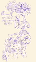 Size: 718x1219 | Tagged: safe, artist:tottallytoby, derpibooru import, applejack, bon bon, sweetie drops, earth pony, pony, applejack's hat, colored, cowboy hat, female, flat colors, g4, hat, image, jpeg, kicking, mare, messy mane, messy tail, pink background, raised hoof, simple background, tail, walking