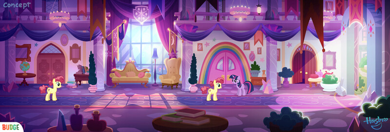 Size: 1920x651 | Tagged: safe, artist:benjamin dupouy, derpibooru import, official, twilight sparkle, unnamed character, unnamed pony, earth pony, pony, unicorn, budge studios, clubhouse, concept art, corridor, couch, female, friendship student, g4, game, image, jpeg, mare, my little pony pocket ponies, not berry blend, not berry bliss, pocket ponies, unicorn twilight