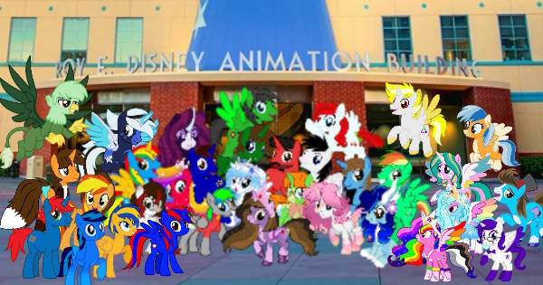 Size: 600x315 | Tagged: safe, artist:rydersimmer, derpibooru import, oc, oc:arty, oc:blue shy-gamer, oc:blue thunder, oc:cherry blossom, oc:dark shadow, oc:ej, oc:firey ratchet, oc:flare spark, oc:ghostpony, oc:gregory griffin, oc:interstellar quartz, oc:jemimasparkle, oc:kacper, oc:lion, oc:lola, oc:loric mortum, oc:mickey motion, oc:miguel, oc:oliver featherwing, oc:princess kincade, oc:princess lily brush, oc:rainbow rider, oc:rainbow sparkle, oc:shane park, oc:sharp stars, oc:shield wing, oc:star armour, oc:star heart, oc:stephen (stephen-fisher), oc:sunlight mist, oc:train track, oc:violet sparkle, oc:windy weather, alicorn, earth pony, pegasus, pony, unicorn, disney, group photo, image, jpeg, once upon a studio, roy e. disney animation building