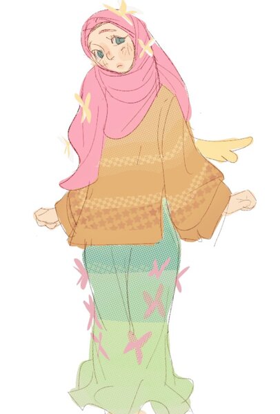 Size: 620x916 | Tagged: safe, artist:cratocas, derpibooru import, fluttershy, human, blushing, clothes, female, flower, hijab, humanized, image, islam, islamashy, jpeg, long skirt, religion, simple background, skirt, solo, white background, winged humanization, wings