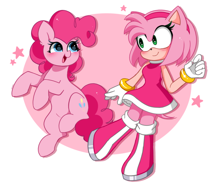 Size: 4788x4015 | Tagged: safe, artist:kittyrosie, derpibooru import, pinkie pie, anthro, earth pony, hedgehog, pony, amy rose, blushing, crossover, cute, diapinkes, duo, duo female, female, g4, image, kittyrosie is trying to murder us, looking at each other, looking at someone, mare, mobian, open mouth, open smile, png, shannon chan-kent, simple background, smiling, smiling at each other, sonic the hedgehog (series), sonicified, transparent background, voice actor joke
