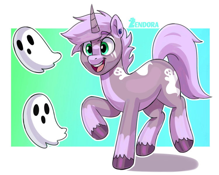 Size: 2048x1638 | Tagged: safe, artist:zendora, oc, oc:maru, unofficial characters only, ghost, pony, undead, unicorn, cutie mark, ear piercing, earring, horn, image, jewelry, male, open mouth, piercing, png, smiling, stallion, tail, unicorn oc, unshorn fetlocks