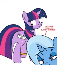 Size: 599x676 | Tagged: safe, artist:dekomaru, derpibooru import, edit, trixie, twilight sparkle, unicorn, tumblr:ask twixie, ask, butt, dialogue, female, image, implied lesbian, implied shipping, implied sunset shimmer, implied sunsetsparkle, jealous, lesbian, plot, png, shipping, tumblr, twibutt, twixie