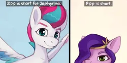 Size: 1642x821 | Tagged: safe, artist:marsminer, derpibooru import, pipp, pipp petals, zipp storm, pegasus, pony, g5, duo, duo female, female, image, looking at you, mare, pipp is short, pipp petals is not amused, png, royal sisters (g5), siblings, sisters, smiling, smiling at you, spread wings, unamused, wings